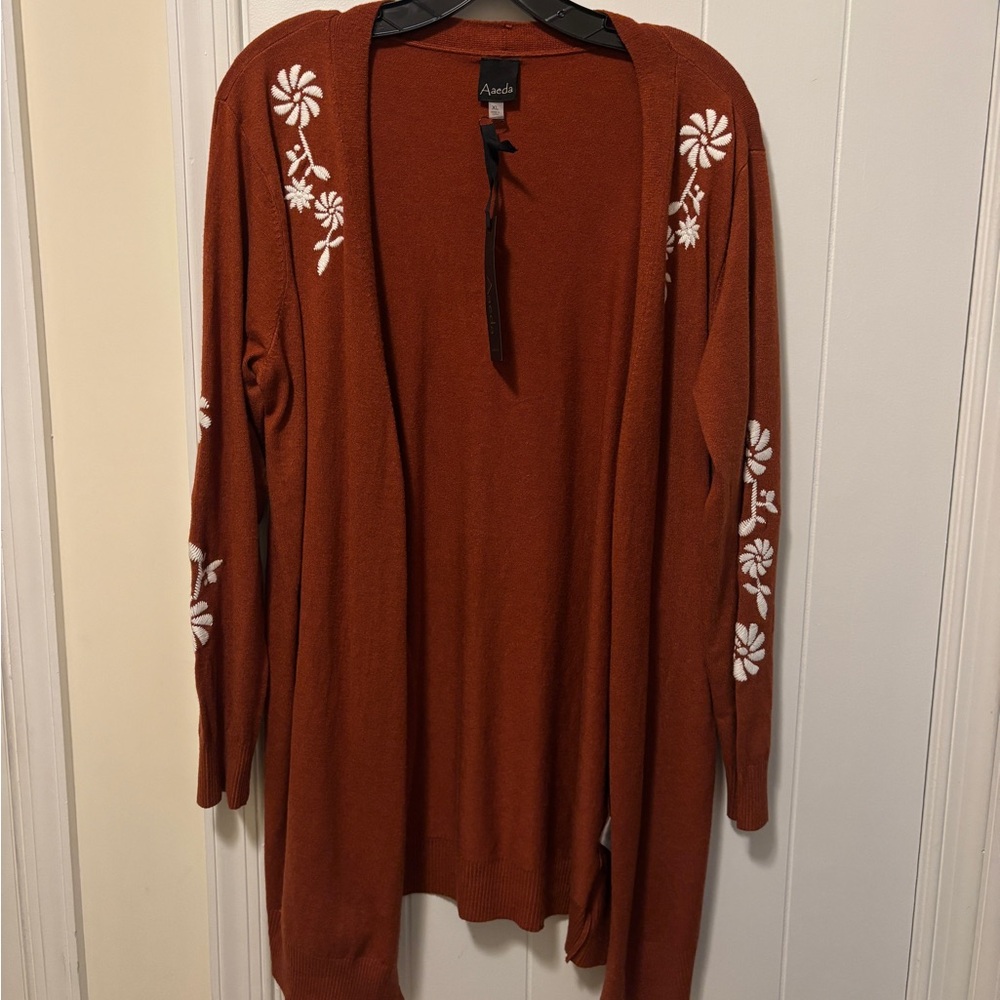 NWT Aaeda Rust Orange & White Floral Embroidered Cardigan Sweater | Women's XL